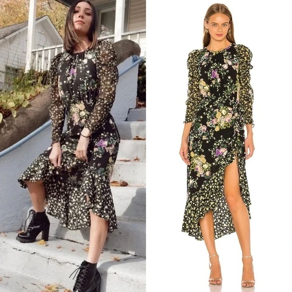 FOR LOVE & LEMONS Floral Long Sleeve Cutout Tie Back Ruched Ruffle Midi Dress XS